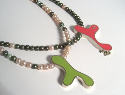 Lime and Pink Biomorph and Pearl Necklaces