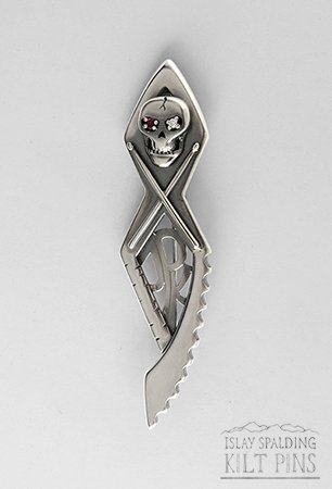 Skull and Drumsticks Heavy Metal Diamond Ruby Kilt Pin
