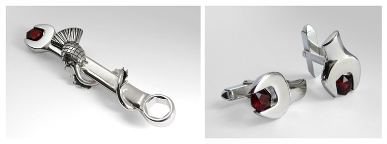 Spanner and Garnet Kilt Pin and Cufflinks